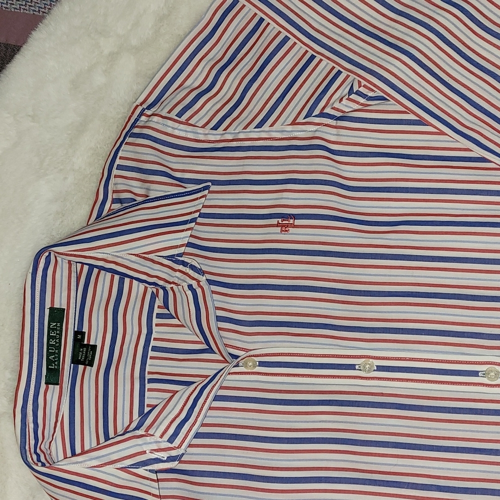 Lauren Ralph Lauren Red White & Blue Monogram Striped Long Sleeved Button